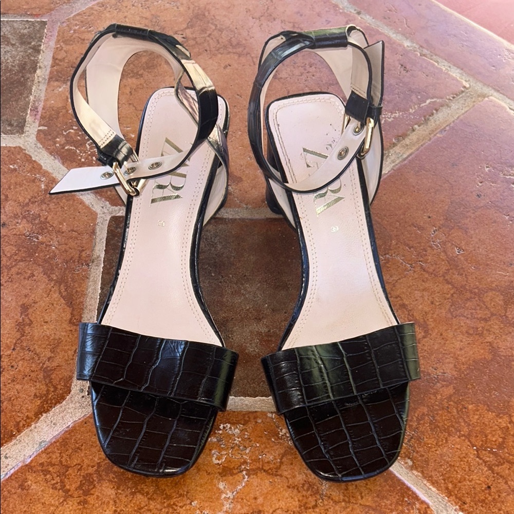 Zara Black Croc-Embossed Sandals